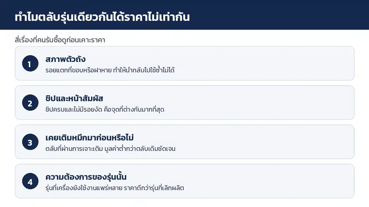สี่ปัจจัยที่ทำให้ตลับหมึกรุ่นเดียวกันได้ราคารับซื้อไม่เท่ากัน สภาพตัวถัง ชิป การเติมหมึก และความต้องการของรุ่น