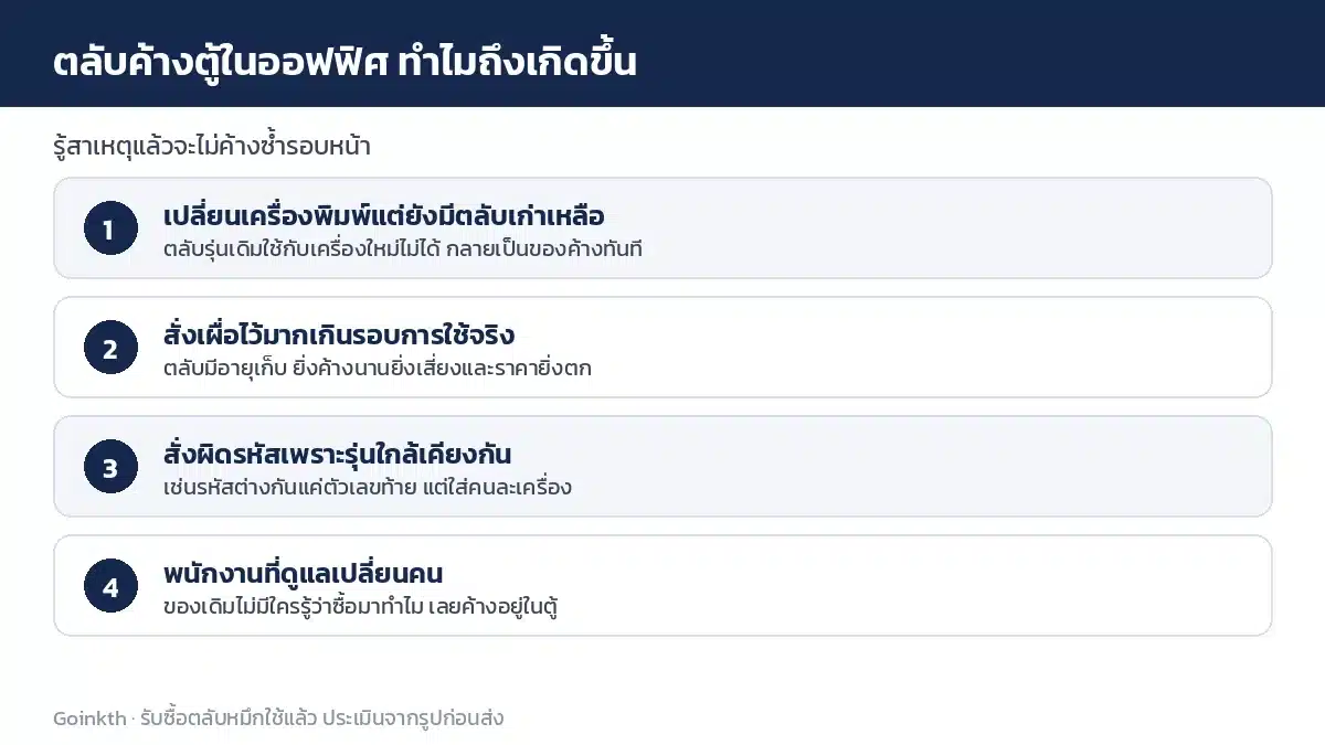 สี่สาเหตุที่ทำให้ตลับหมึกใหม่ค้างตู้ในออฟฟิศ เปลี่ยนเครื่อง สั่งเผื่อมาก สั่งผิดรหัส และเปลี่ยนคนดูแล