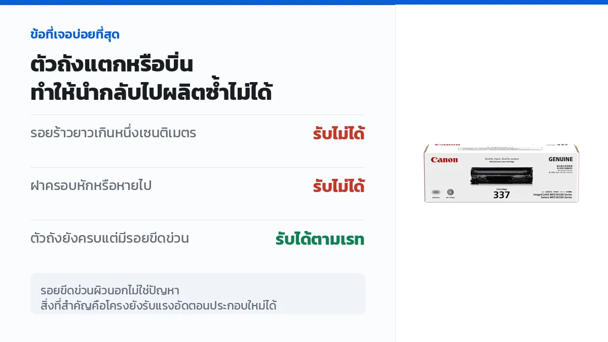สภาพตัวถังตลับโทนเนอร์ Canon 337 ที่แตกหรือบิ่นจนนำกลับไปผลิตซ้ำไม่ได้
