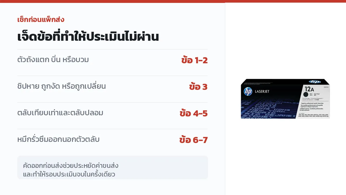 รายการเจ็ดข้อที่ทำให้ตลับหมึกใช้แล้วประเมินไม่ผ่าน แสดงคู่กับตลับโทนเนอร์ HP 12A