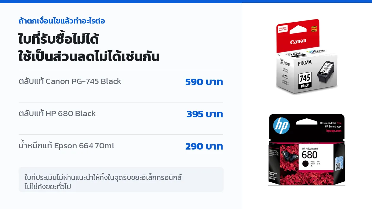 ราคาตลับหมึกแท้ Canon PG-745 และ HP 680 สำหรับผู้ที่ตลับเก่าประเมินไม่ผ่านและต้องซื้อใบใหม่