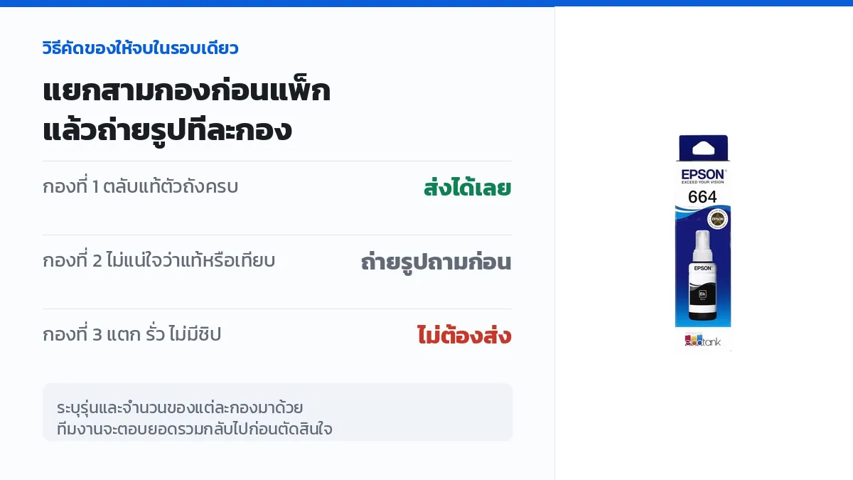 วิธีคัดตลับหมึกใช้แล้วออกเป็นสามกองก่อนแพ็กส่งให้ประเมินราคา แสดงคู่กับตลับ Epson 664